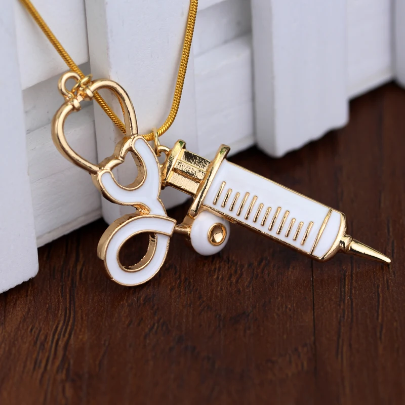 

Hot Sale Snake Chain Medical Stethoscope Syringe Necklace Alloy Metal Pendant For Doctor Nurse Gift