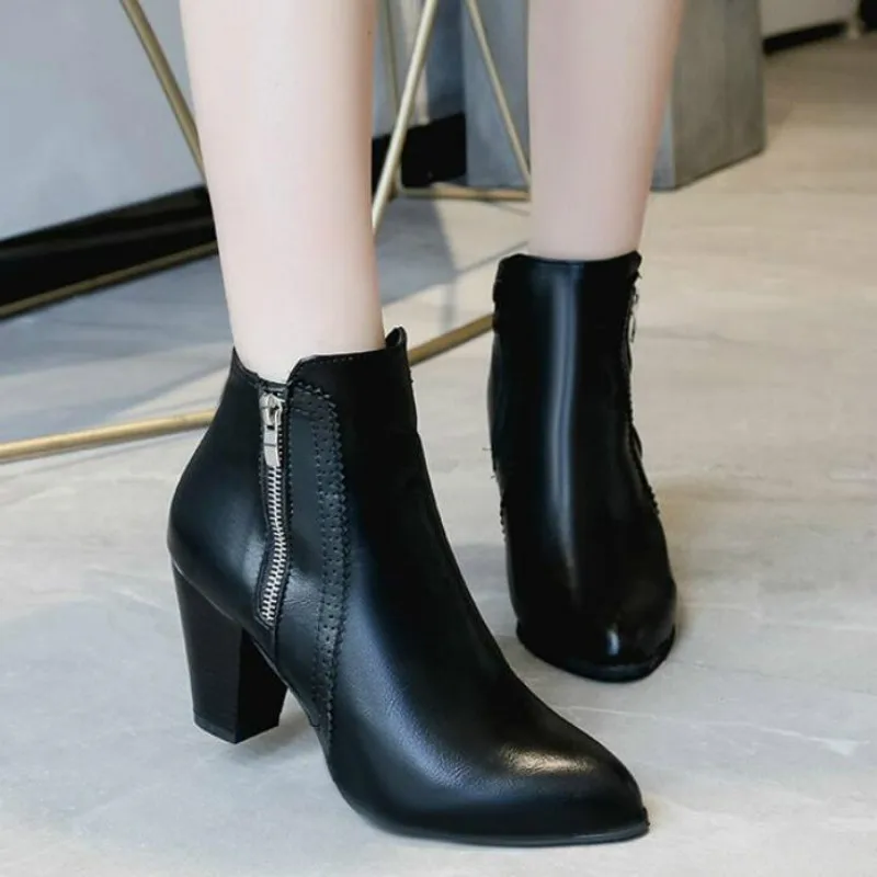 

2019 winter retro color women boot high heels short plush warm ankle boot for female large size 42 43 shoes woman rubber sole