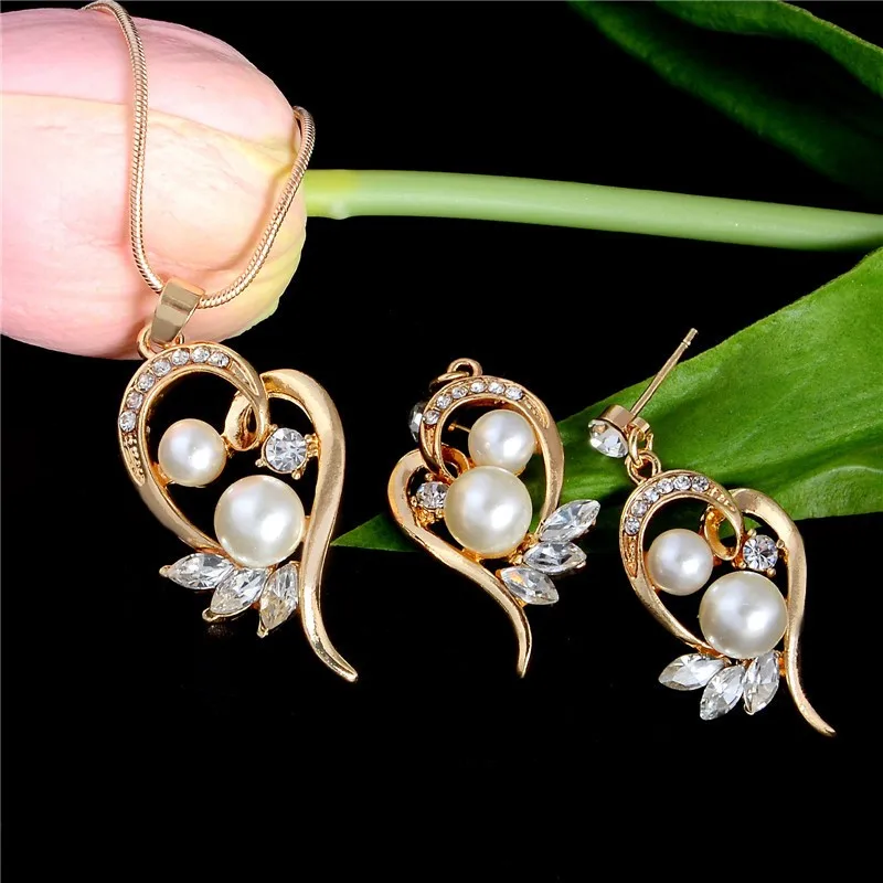 Золотой цвет ожерелье серьги комплект ювелирных изделий капли воды имитация жемчуга цветы кристалл кулон свадебные ювелирные наборы