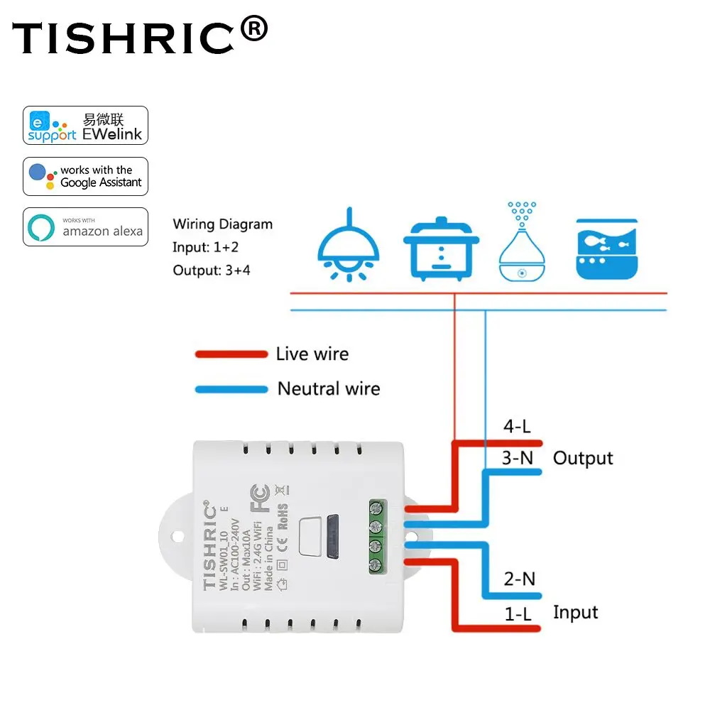 TISHRIC eWelink, умный светильник, светодиодный Wifi Пульт дистанционного управления, таймер, модуль, умный дом, автоматизация, Google Home, Alexa 10A/16A, 220 В