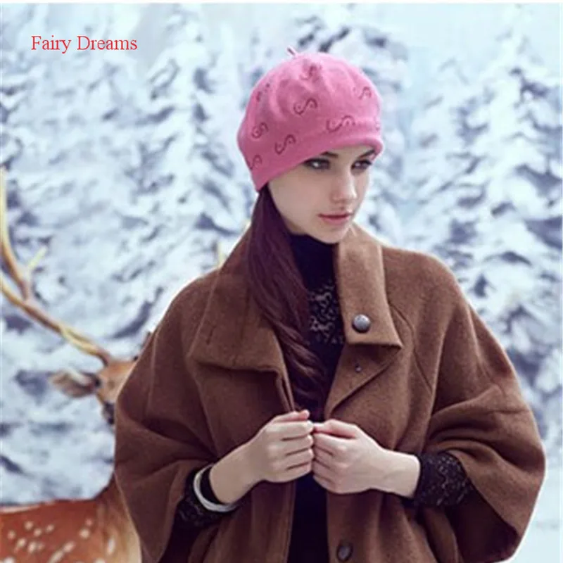 

Fairy Dreams Wool Rabbit Knitted Hat Crystle Beading Pink Gray Skullies 2017 Autumn Winter Fashion Women Girls feminino beanies
