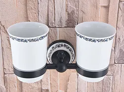 Black Oil Rubbed Bronze Double Toothbrush Holder With Ceramic Flower Cup Wall Mounted Ceramic Base Bathroom Accessories aba766