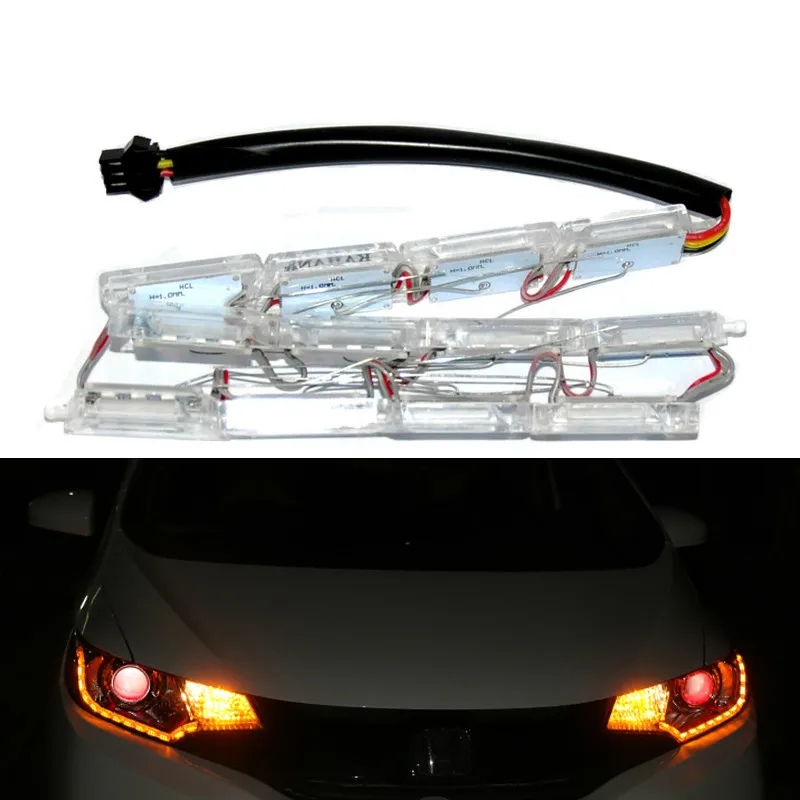 

2xCar Styling 8LED Knight Rider Strip LED Daytime Running Light Turn Signal LightS Amber Yellow Steady Crystal Bar DRL Lamp