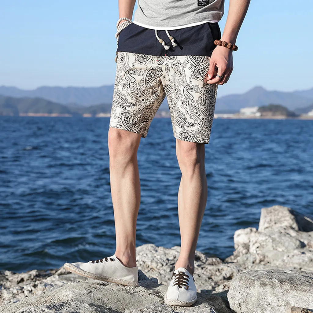 Шорты мужские Летние Повседневные в этническом стиле с принтом свободные хлопковые пеньковые пляжные шорты плюс размер шорты для мужчин