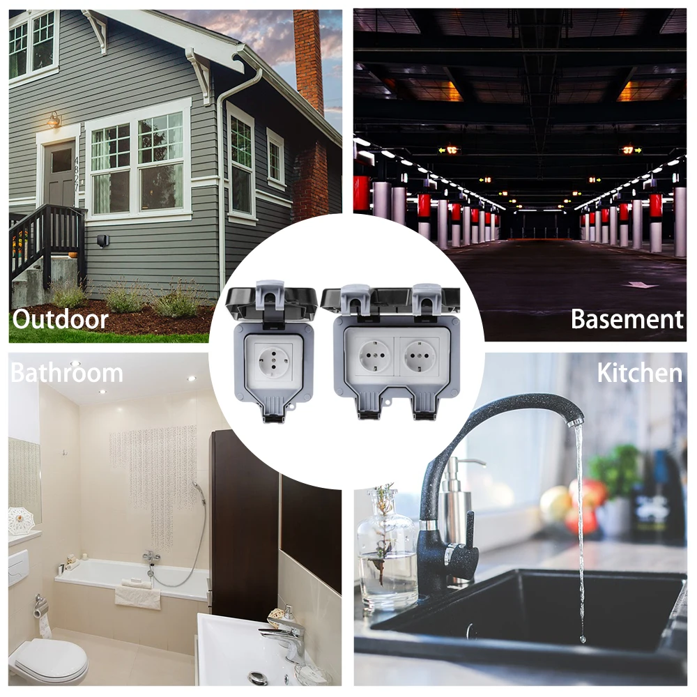 Electrical Socket EU Socket IP66 Waterproof outdoor plug Wall Socket Outlet Power for Garden Garage Basement
