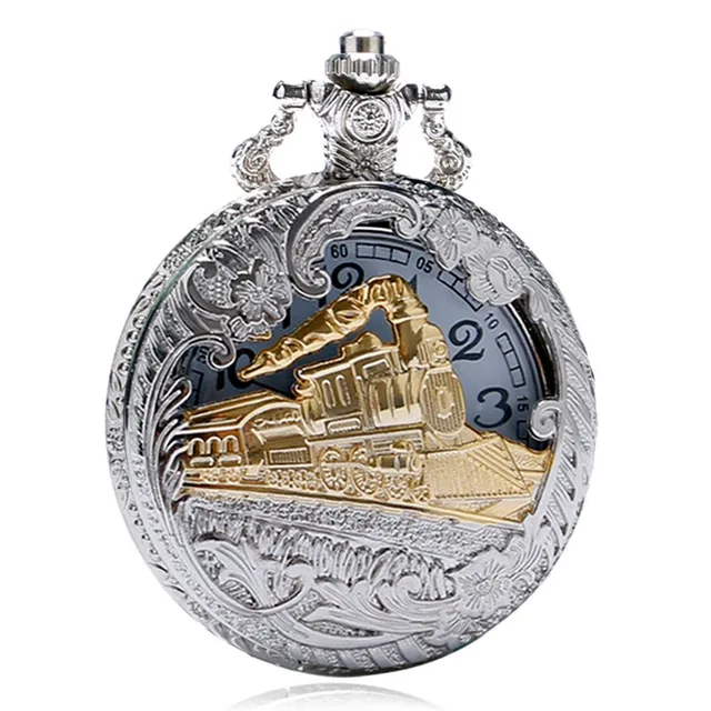 Vintage Silver Charming Gold Train Carved Openable Hollow Steampunk Quartz Pocke Vintage Silver Charming Gold Train Carved Openable Hollow Steampunk Quartz Pocke