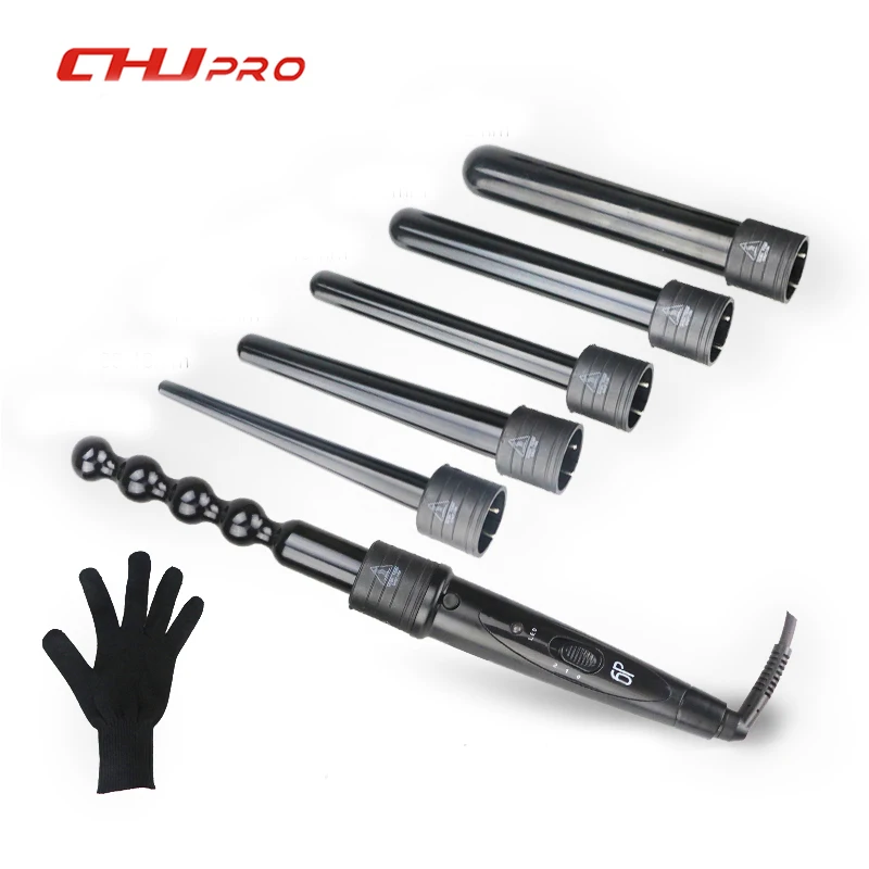 CHJpro 6 In 1 Hair Curling Iron Interchangeable Hair Tongs Led Curling Wand Hair Crimper With Glove Ceramic Hair Curler Roller 4 in 1 curling iron set professional hair curler ceramic interchangeable hair wand multi color hair iron with glove