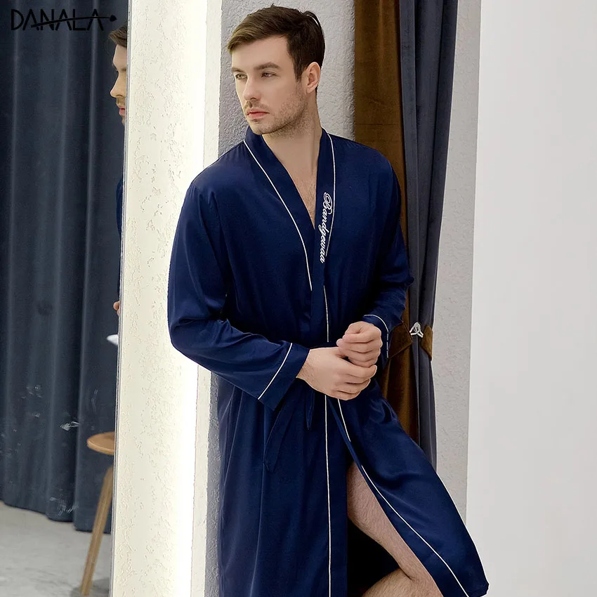 DANALA Silk Satin Men Sleepwear Robe Solid Refreshing Vogue Simple Long Men Nightwear Robe Home Wear For Male Blue Color DANALA Silk Satin Men Sleepwear Robe Solid Refreshing Vogue Simple Long Men Nightwear Robe Home Wear For Male Blue Color