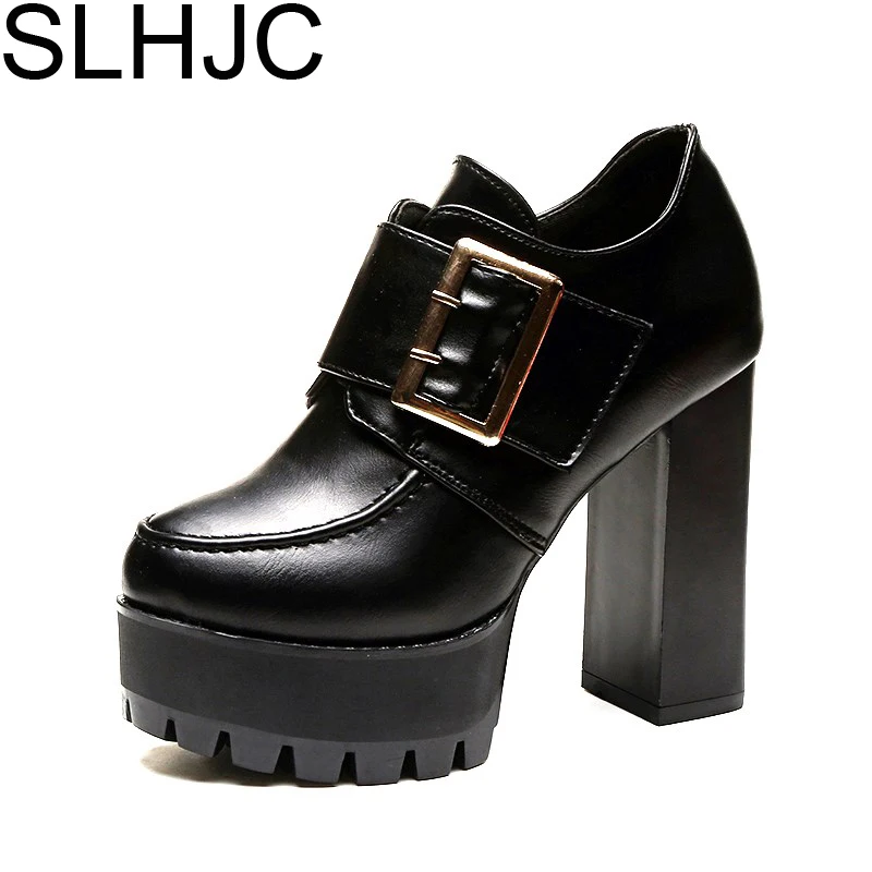 

SLHJC 2017 Autumn Platform Pumps Extreme High Heel Square Heel Leather Shoes Fashion Buckle Elevator Shoes 11.5 CM Heel