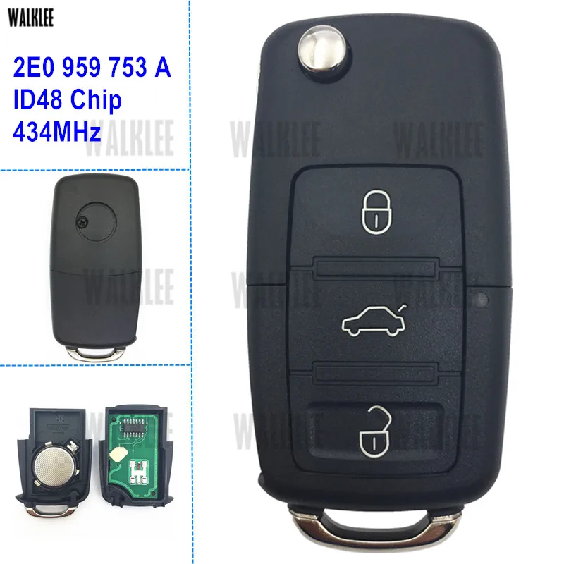 Пульт дистанционного управления WALKLEE 434 МГц для VW/VOLKSWAGEN HLO 2E0 959 753 A / 753A с чипом ID48