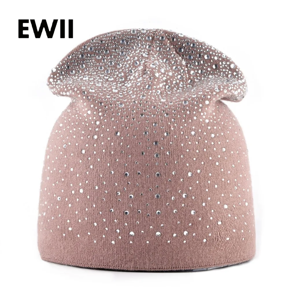 

Autumn And Winter rabbit knitted wool hats for women rhinestone beanie cap skullies ladies casual beanies caps women warm hat