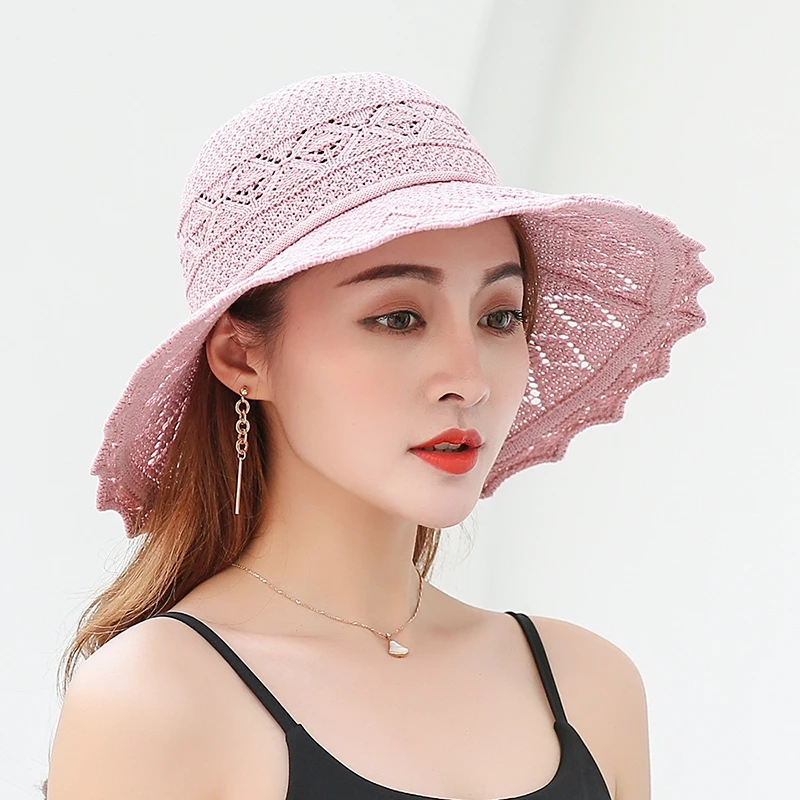 

2019Summer big side sunshade beach hat Ms. travel travel hollow knit hat foldable portable belt Lady fisherman hat