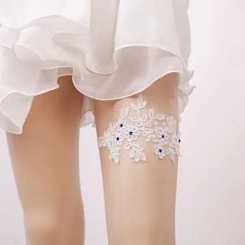 

Wedding Garters Blue Rhinestone White Embroidery Floral Sexy Garters for Women/Female/Bride, Thigh Ring Bridal Leg Garter 5350