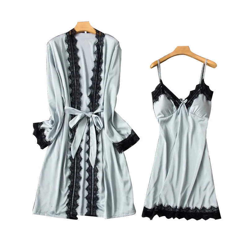 Модный сексуальный женский халат и платье, комплект из двух предметов: халат+ мини-ночная рубашка, пижама из двух частей, Женский комплект для сна из искусственного шелка