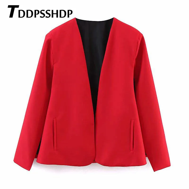اللون الأحمر الشق فستان المرأة معطف 2019 جديد تصميم OL جيب شال نمط الإناث سترة
