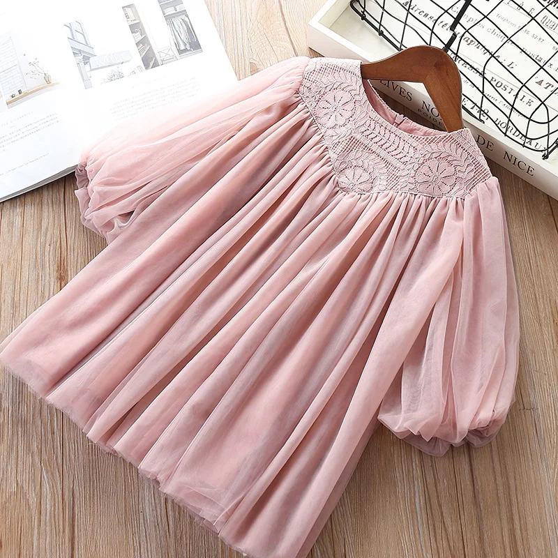 

Roimyal Wholesale Girls Spring/Autumn Super fairy bubble sleeves lace yarn dress 2019 new little girl dress free shipping