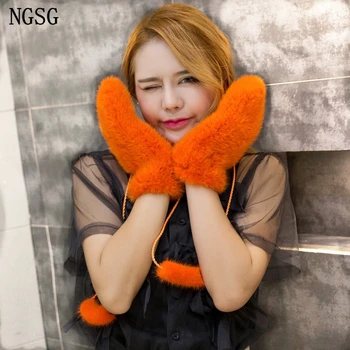 

NGSG Winter Women Mink Fur Gloves Pink Genuine thick mink Gloves Mittens Russian Solid Female Warm Adult Leather Glove EA4050-26