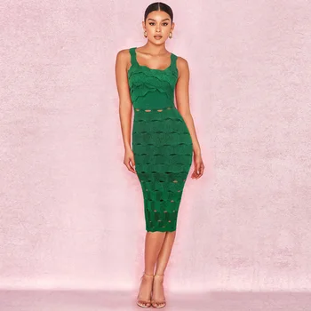 

New Fashion Hot Selling Elegant High Quality Green Bandage Party Dress Midi Women Dress With Jacquard Summer Vestidos Wholesale