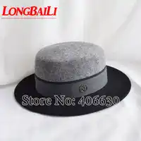 ฤดูหนาวสีดำและสีเทา Patchwork ผ้าขนสัตว์กว้าง Brim Felt หมวกผู้หญิง Flat Top Fedoras จัดส่งฟรี SWDW010