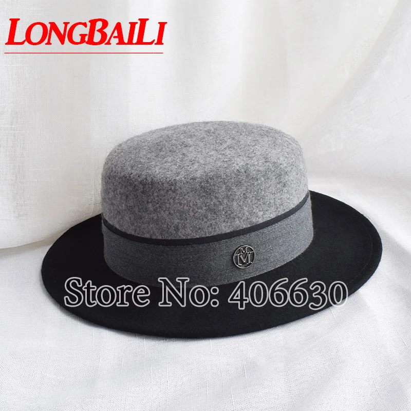 

Winter Black and Grey Patchwork Wide Brim Wool Felt Hats Women Flat Top Fedoras Free Shipping SWDW010