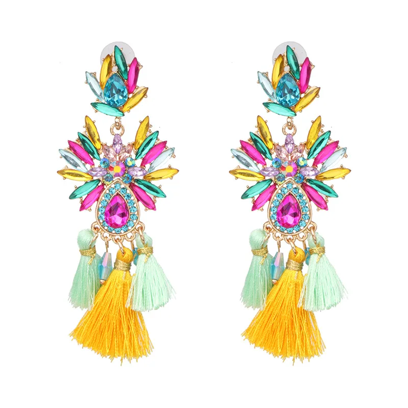 

Brand Boho Tassel Fringed Earrings for Women Trendy Wedding Vintage Geometric Colorful Crystal Drop Earrings Statement Jewelry