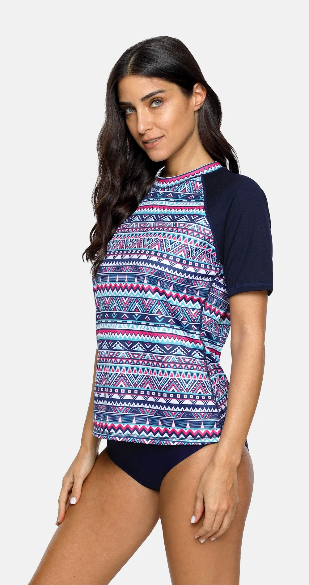 Charmleaks, женская рубашка с коротким рукавом, Рашгард, Ретро стиль, геометрический принт, быстросохнущая рубашка, топ для бега, походные рубашки, Рашгард UPF50