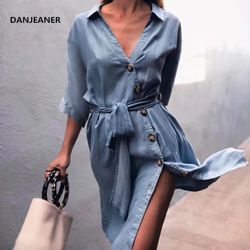 Женское платье с поясом Danjeaner повседневное Ковбойское треугольным вырезом