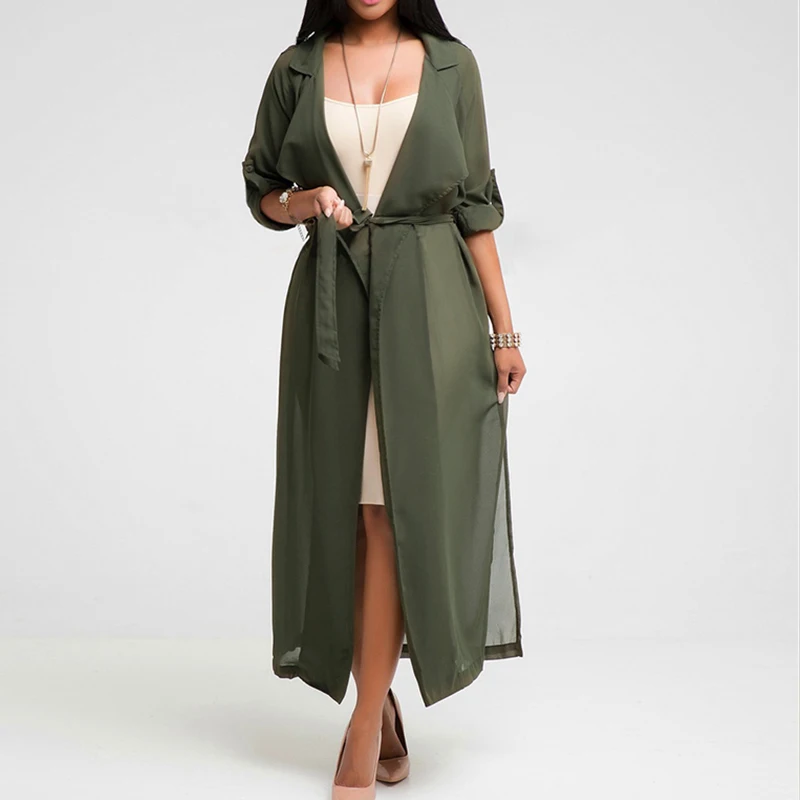 

Women's Shirt Sexy See-Through Turn-Down Collar Long Chiffon Blouses Fashion Casual Loose Sashes Outwear Female Tops Shirt