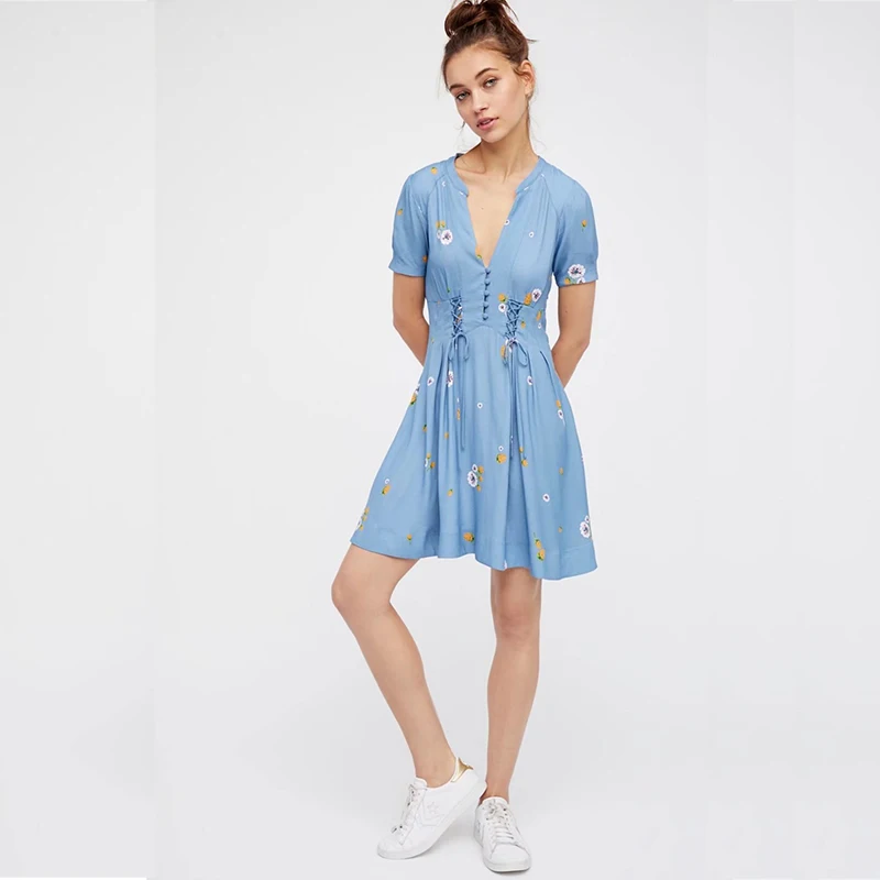 yinlinhe Floral Lace Up Summer Dress Short Sleeve Blue Slim Waist Sexy Women Beach Dress V neck Elegant Bohemian Vestidos  2