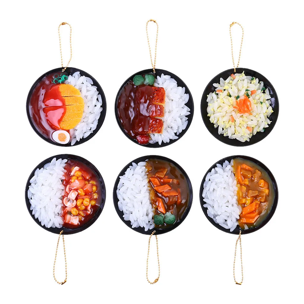 

2019 New 8Pcs 3D Creative Food Simulation Rice Bowl Model Funny Food Figurine Vivid Look Home Hanging Decor Key Chain Ornament