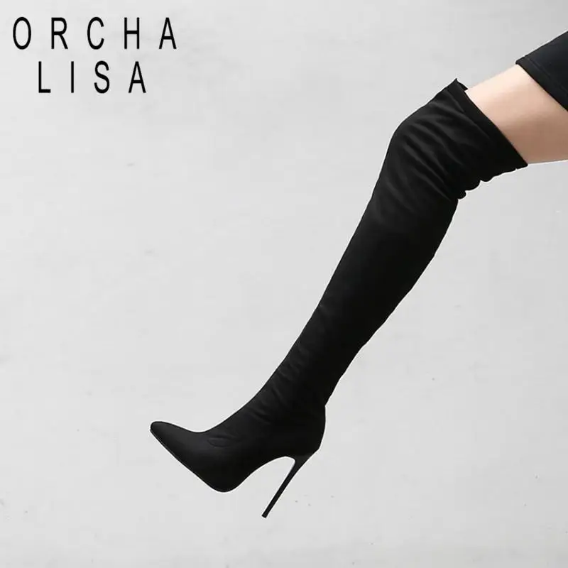 ORCHA LISA/зимняя обувь женские сапоги выше колена на шпильке Высокие Сапоги выше колена с острым носком на молнии; американские размеры 13 15