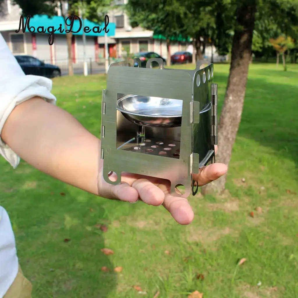 MagiDeal Camping Stove Stainless Steel Folding Wood Stove Alcohol Burner Pocket Compact Foldable Stove Outdoors Small Tools