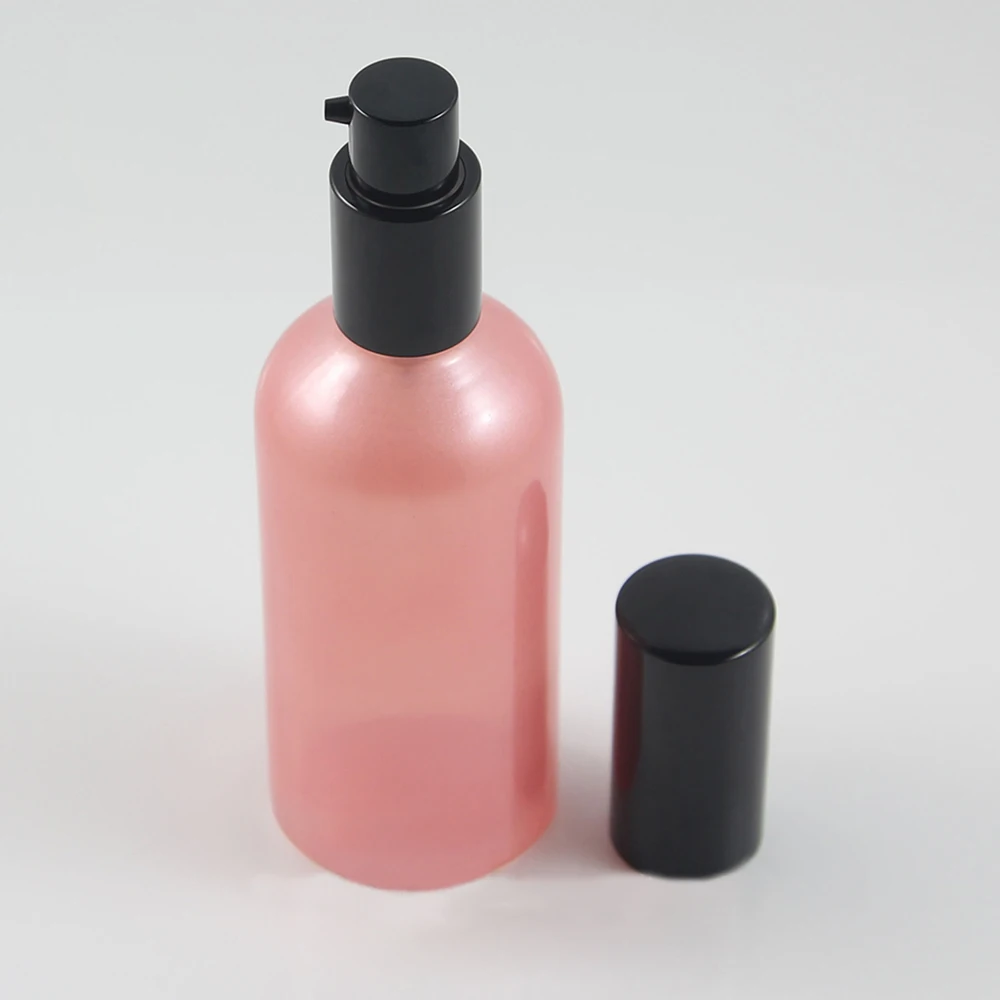 50pcs wholesale 100 ml pink Glass lotion packaging with black aluminum
