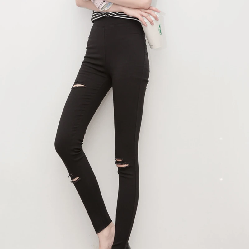 2019 New Spring Summer Womens Ripped Leggings Worn Washed Cotton Woven