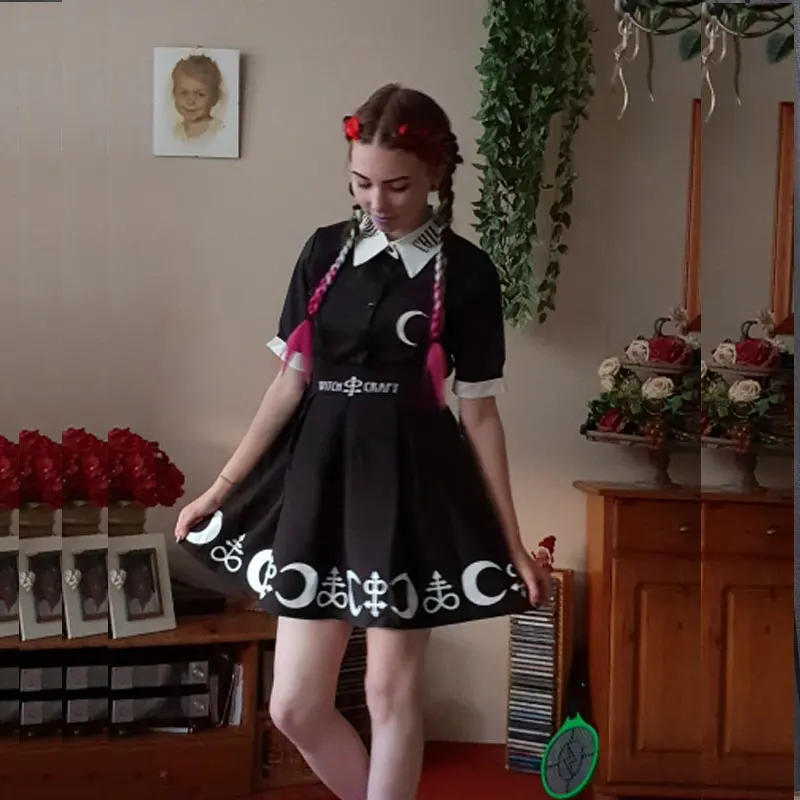 

Women Skirt Punk Rock High Waist A line Mini Skirt Witch Moon Printed Harajuku Witch Craft Moon Star Print Goth Pleated Skirt