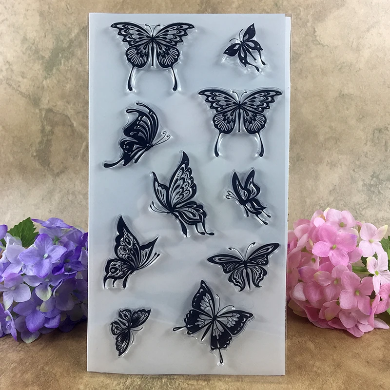 Clear Rubber Stamps Set - Cartoon Rose Flowers Butterflies Wall Clock Patterns For Card Making