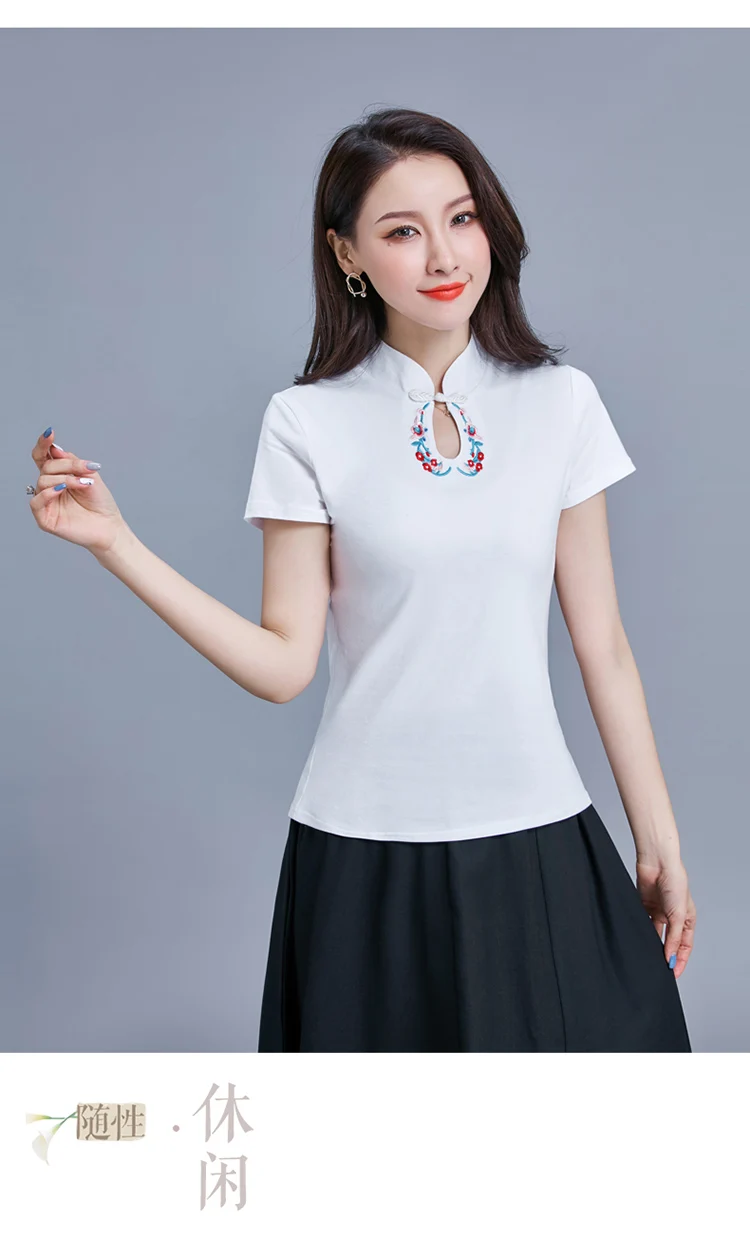 Женская рубашка в стиле ретро в китайском стиле с вышивкой Топы женские летние новые национальные хлопковые футболки с короткими рукавами