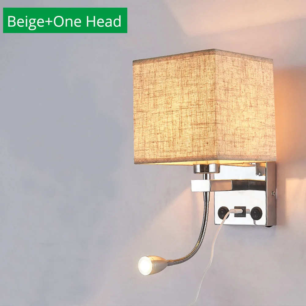 Современный светодиодный для помещений настенный светильник прикроватный спальня аппликация бра с выключателем USB E27 лампа для интерьера изголовье дома отель настенные светильники - Цвет абажура: Beige One Head