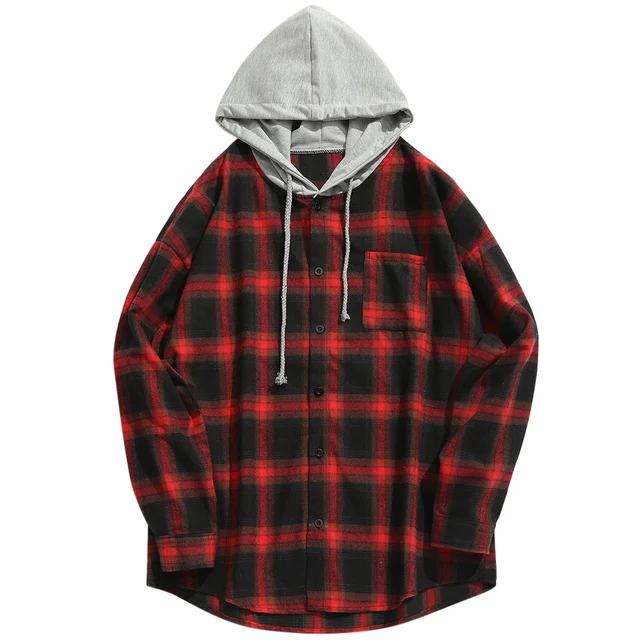 Hooded button front check sweatshirt Clearance