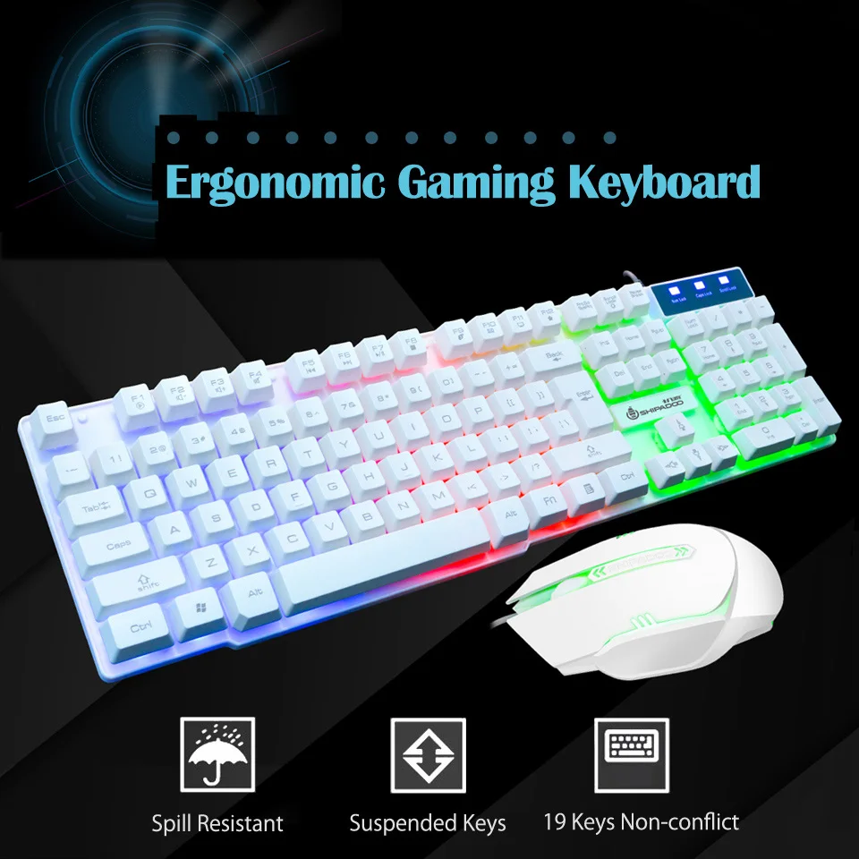 Koop K500 USB Bedrade Gaming Toetsenbord Standaard 104 Toetsen Ergonomisch Multimedia Toetsenbord Regenboog LED Backlight met Russische Sticker