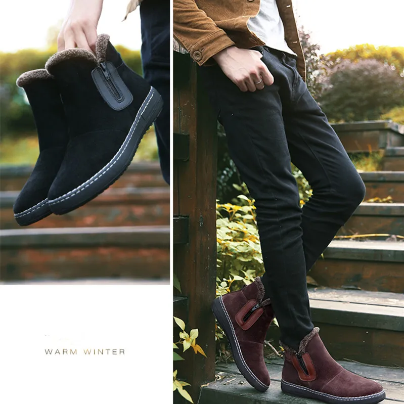 MOFFT/модные мужские ботинки ручной работы из коровьей замши; новые зимние теплые мужские ботинки без застежки; мужские меховые ботильоны на плоской подошве с боковой молнией
