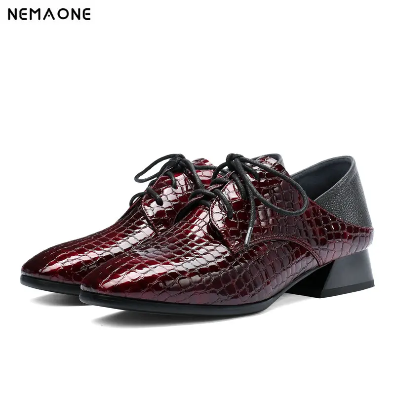 

NNEMAONE Genuine Leather Casual women Pumps Round Toe Square Low Heels Lace Up Autumn Shoes Handmade Soft Women shoes