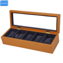 Новейшая мода роскошный дизайн приглушенный коричневый деревянный 5 слотов коробки для часов черный бархат подушки дисплей коробки для хранения портативный