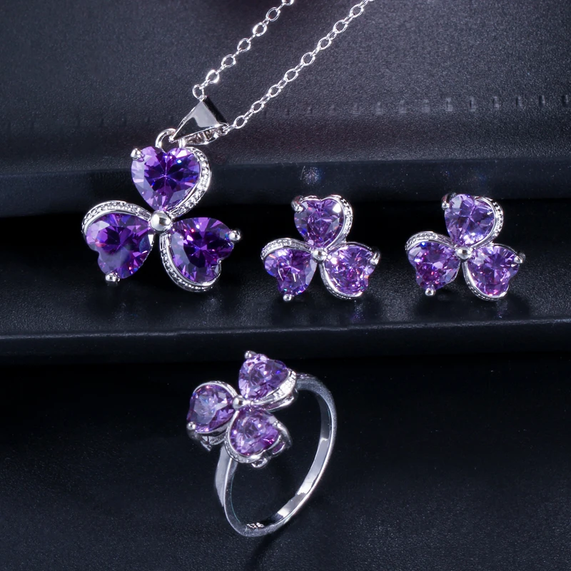 CWWZircons Милая любовь сердце форма микс фиолетовый розовый кубический цирконий камень кольца ожерелье серьги Модный Дамский ювелирный набор T329