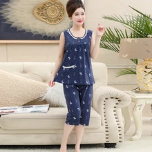 

Cotton vest cropped trousers pijama for women summer print lace ladies casual set o-neck shortless female homewear plus size 4XL