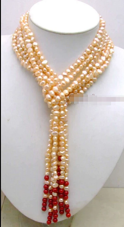 

FREE SHIPPING *******SALE Long 45" natural 6-7mm Pink Baroque Pearl & 6mm Red coral 3 Strand Necklace
