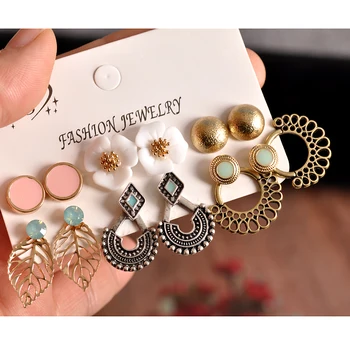 

New fashion women's jewelry wholesale girls birthday party pink ear studs set mashup 6 pairs /set earrings Free shipping
