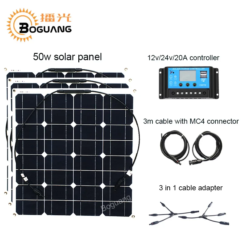 

Boguang 12v 150w solar DIY kit system 50w solar panel 12v/24v/20A controller MC4 cable connector 3 in 1 adapter battery charge