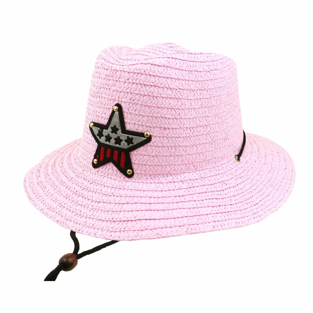 Новая летняя ковбойская джазовая шляпа для мальчиков и девочек, соломенная шляпа с пятиконечной звездой, ветровая веревка, Детская шляпа от солнца 54 см
