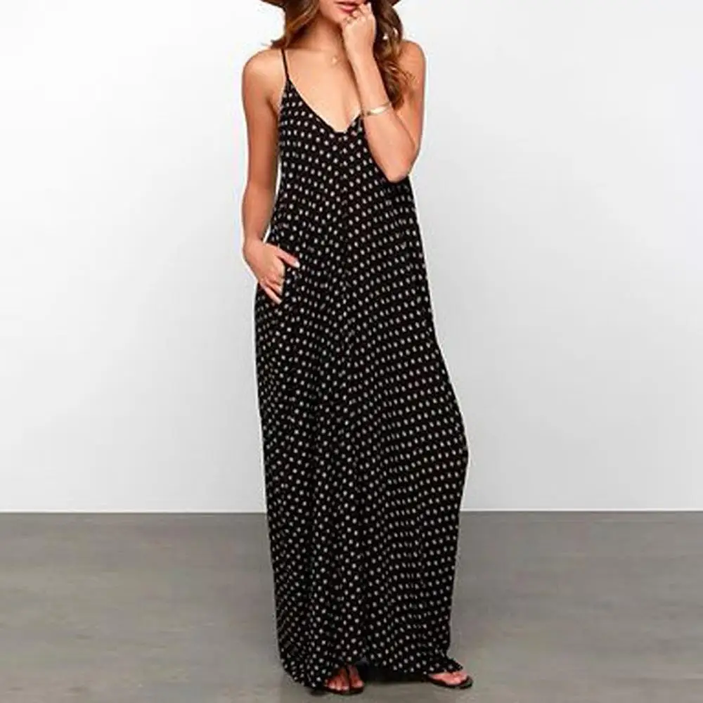 

2019 Women Polka Dot Print V Neck Sleeveless Sundress Loose Maxi Long Beach Bohemian Vintage Dress Summer wear Dress AD